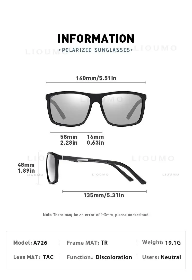 LIOUMO Marke Platz Photochrome Polarisierte Sonnenbrille Männer Frauen Nachtsicht Gläser Für Fahren Trendy Shades Chameleon Brillen – Detail 11