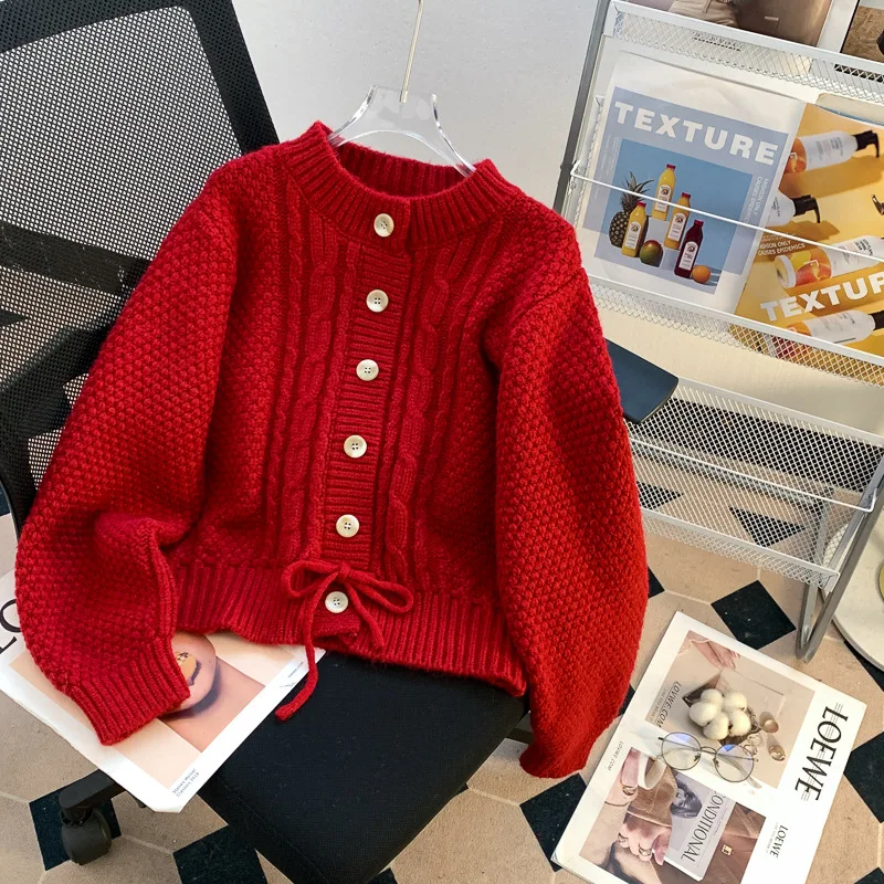 

Hsa New Year Red Christmas Outfit Bow Tie Waist Cardigan Sweater Women‘’s Jacket Short Autumn and Winter Button up Sweater coat