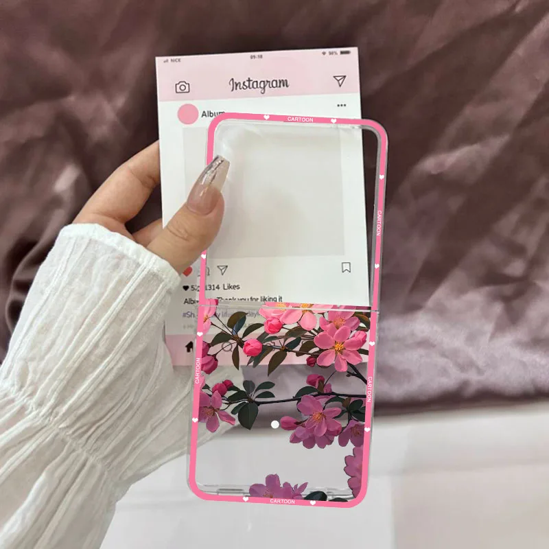 Korean Pink Tulip Floral Clear Hard Folding Phone Case Cover