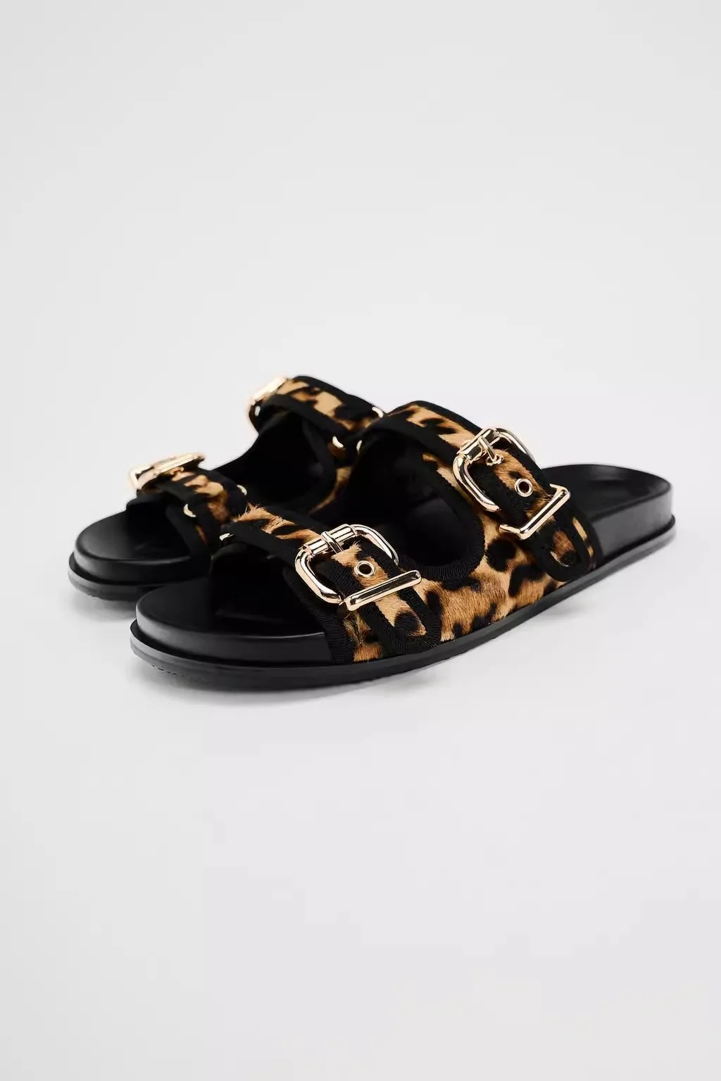 LMCAVASUN 2024 NEW Leopard Metal Buckle Strap Sandals Shoes For Women Fashion Leisure Round Toe Woman's Flat Slipper