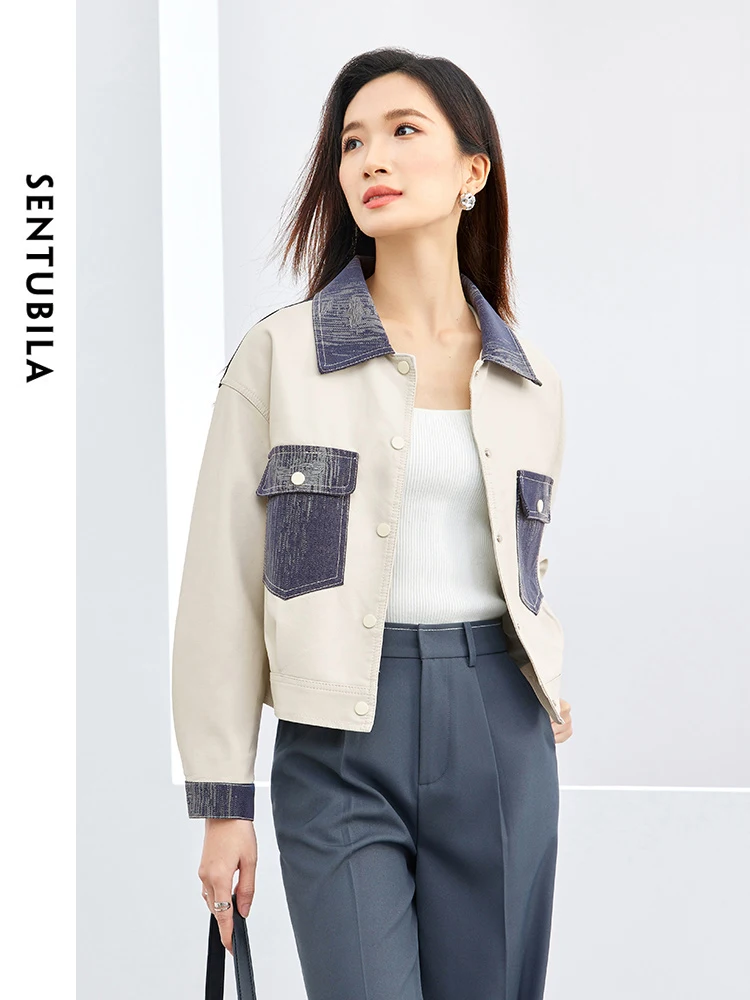 SENTUBILA Casual Cropped Pu Leather Jacket Women 2024 Spring Contrast Spliced Lapel Straight Long Sleeve Coat Overcoat W41G52869