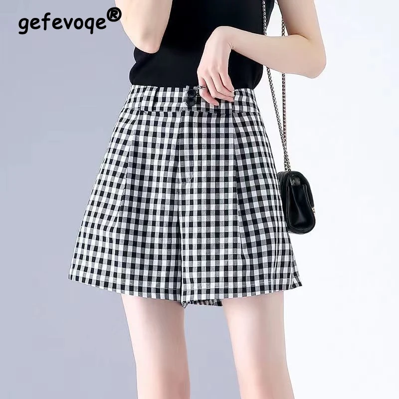 여성용 빈티지 체크무늬 프린트 하이웨이스트 A라인 반바지, 한국 패션, 오피스 레이디, 우아하고 시크한 캐주얼 반바지, 2024 여름 신상