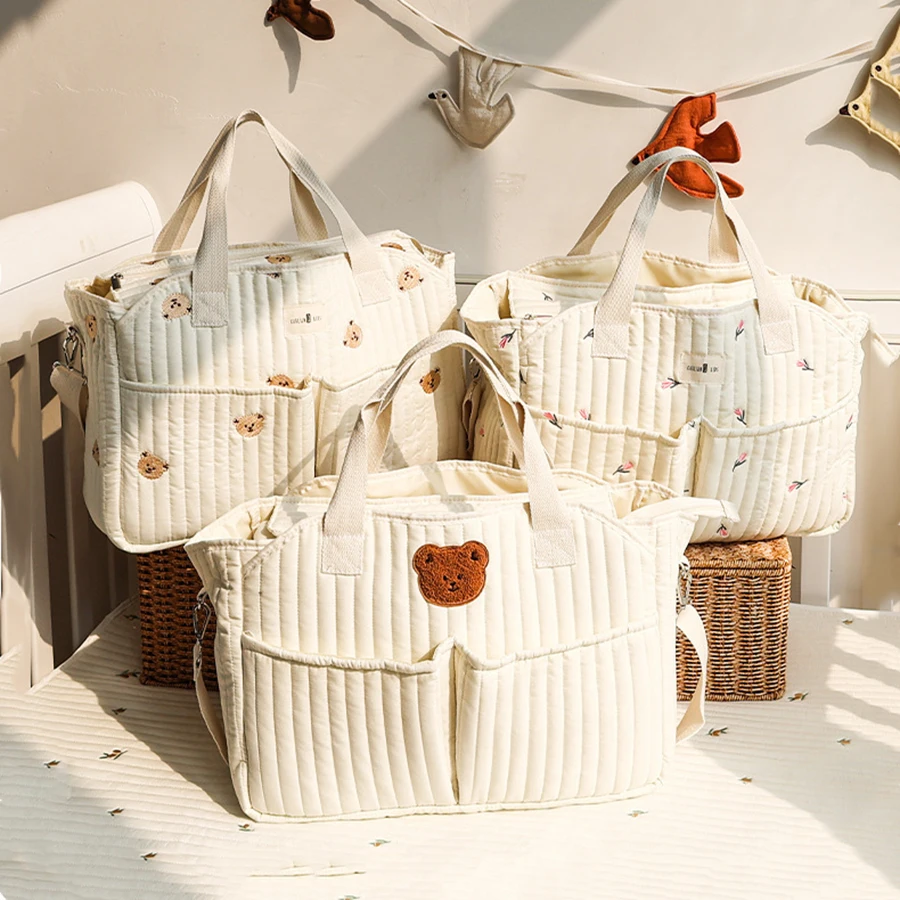 Ins Style Bear Embroidery Mommy Bag, Large Capacity Lightweight Diaper Tote, Multi-function Travel Shoulder Bag_voghion.com