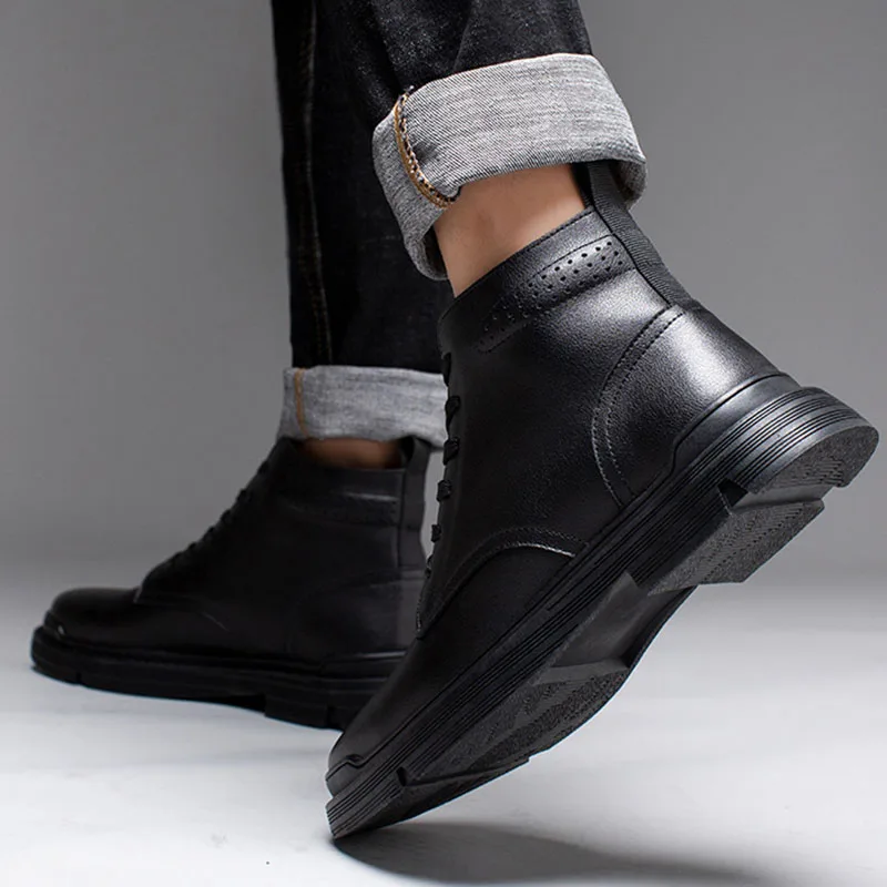 100% Genuine Leather Men Autumn Winter Boots Thick Sole Warm Cow Leather Ankle Boots