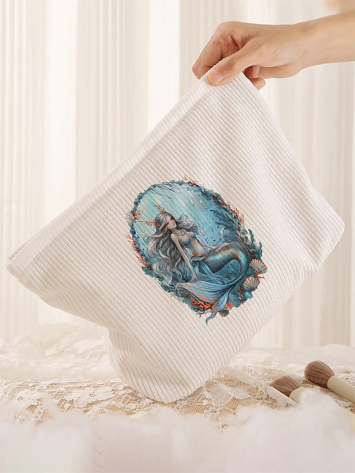 1 mermaid patterned corduroy makeup bag, lightweight zipper makeup storage box, multifunctional bag with lining