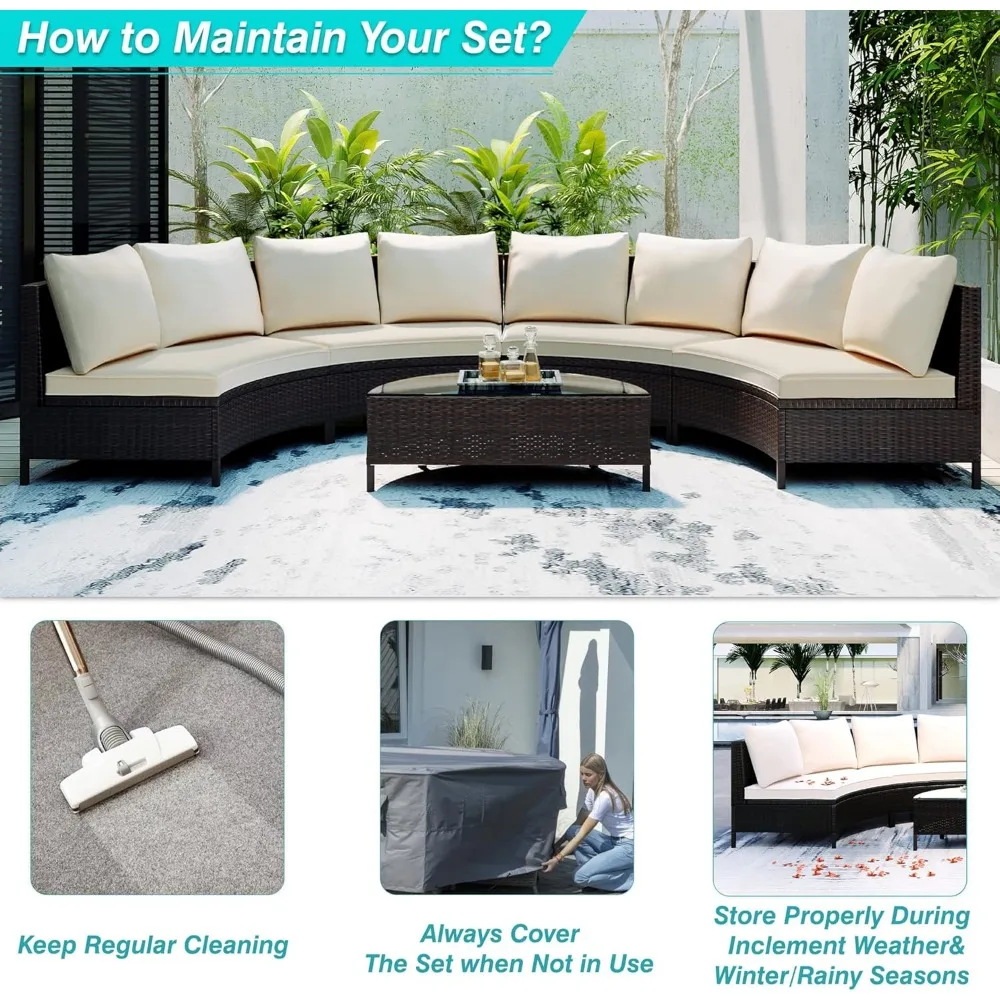5-Piece Half Moon Outdoor Sectional Sofa Set,Cushions and Half-Moon Tempered Glass Table, Patio All-Weather PE Wicker Furniture 2