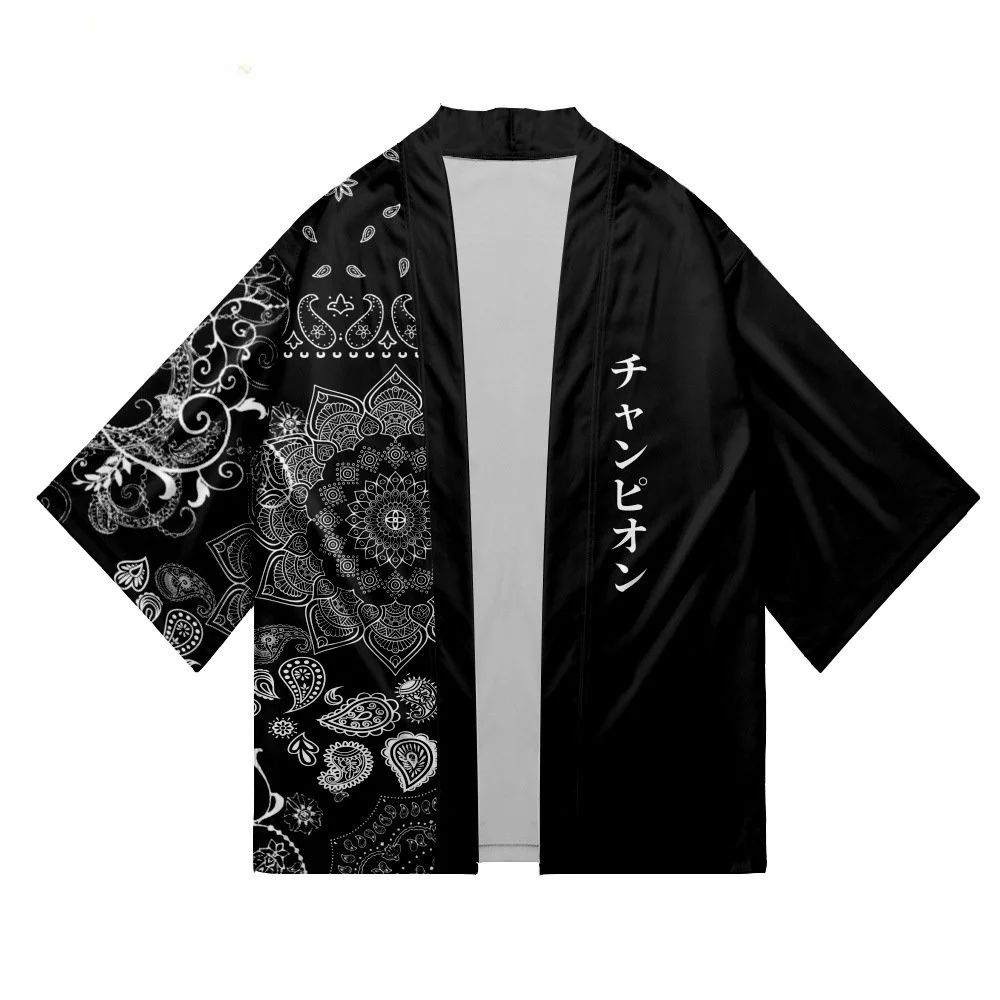 Plus Size Summer Beach Yukata Asian Clothing Paisley Print Kimono Fashion Cosplay Haori Obi Women Men Black Cardigan Shirt