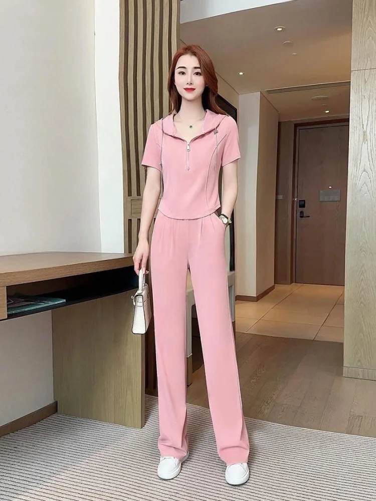 Spring Summer Women's Fashion Sports Suit Hooded Short Sleeve Sportswear High Waist Straight Leg Wide Leg Pants Two Piece Set
