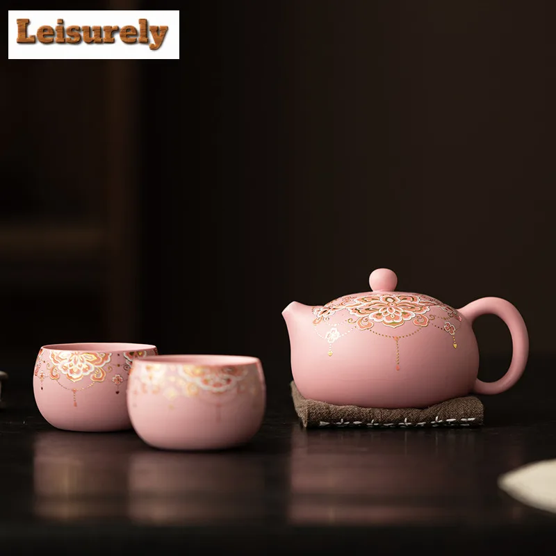 Pink Purple Clay Medallion Pattern Tea Set Complete Set Retro Tea Ceremony Set Tea Maker Teapot and Tea Cup Set Tableware Gift