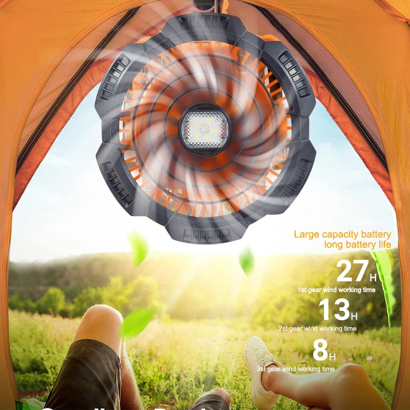 Multifunkční kempingový ventilátor s LED světlem 5000mAH, nabíjení přes USB, 3 rychlosti, nastavitelné dálkové ovládání, stmívání pro stan_voghion.com