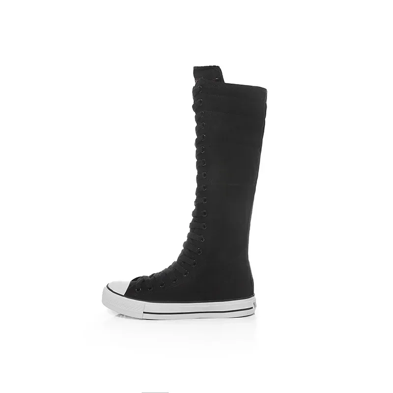 New Women's Canvas Boots Zip Shoes Comfortable Womens Shoes Flat High-top Female Sneakers Lace-up Knee-high Boots Bota Feminina