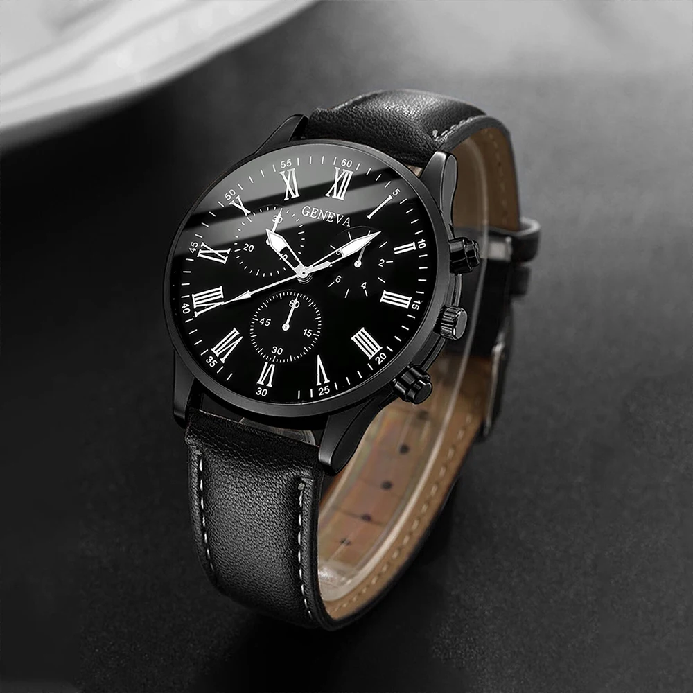4PCS/Set Fashion Men's Business Watches Casual Leather Strap Quartz Wristwatches Vintage Bracelets Set Reloj Hombre（Without Box）