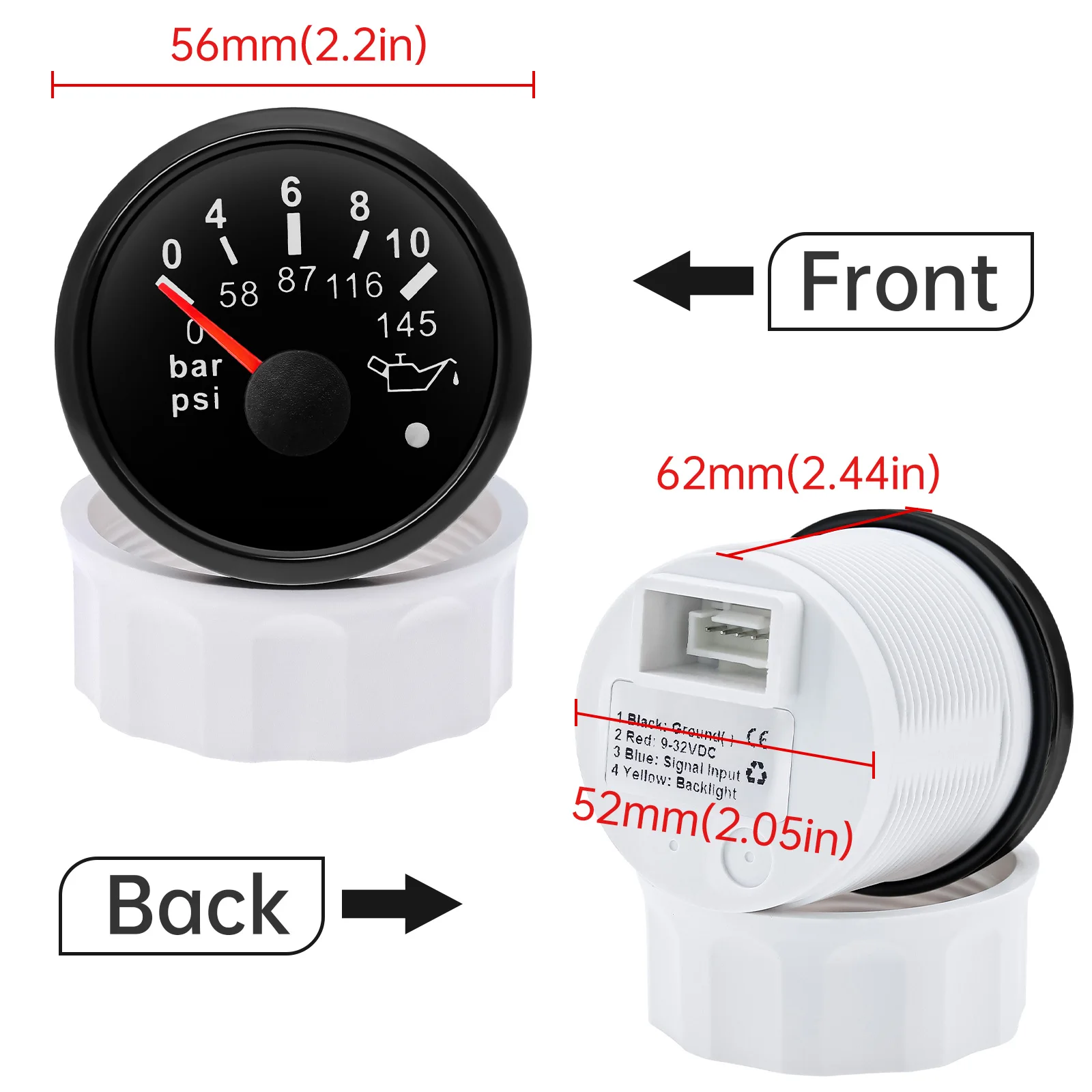 0-5 Bar 52mm Oil Pressure Gauge+Sensor With Flashing Alarm For Auto Car Marine 12V 24V