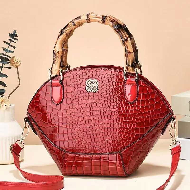 Vintage Handbag for Women Small Pu Leather Crocodile Pattern Fashion Bamboo Joint Hand Bags Ladies