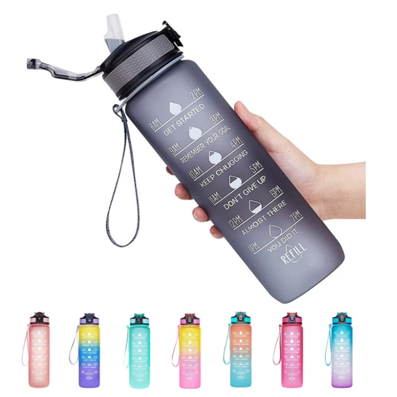 1 Liter Water Bottle with Time Marker and Straw Motivational Sport