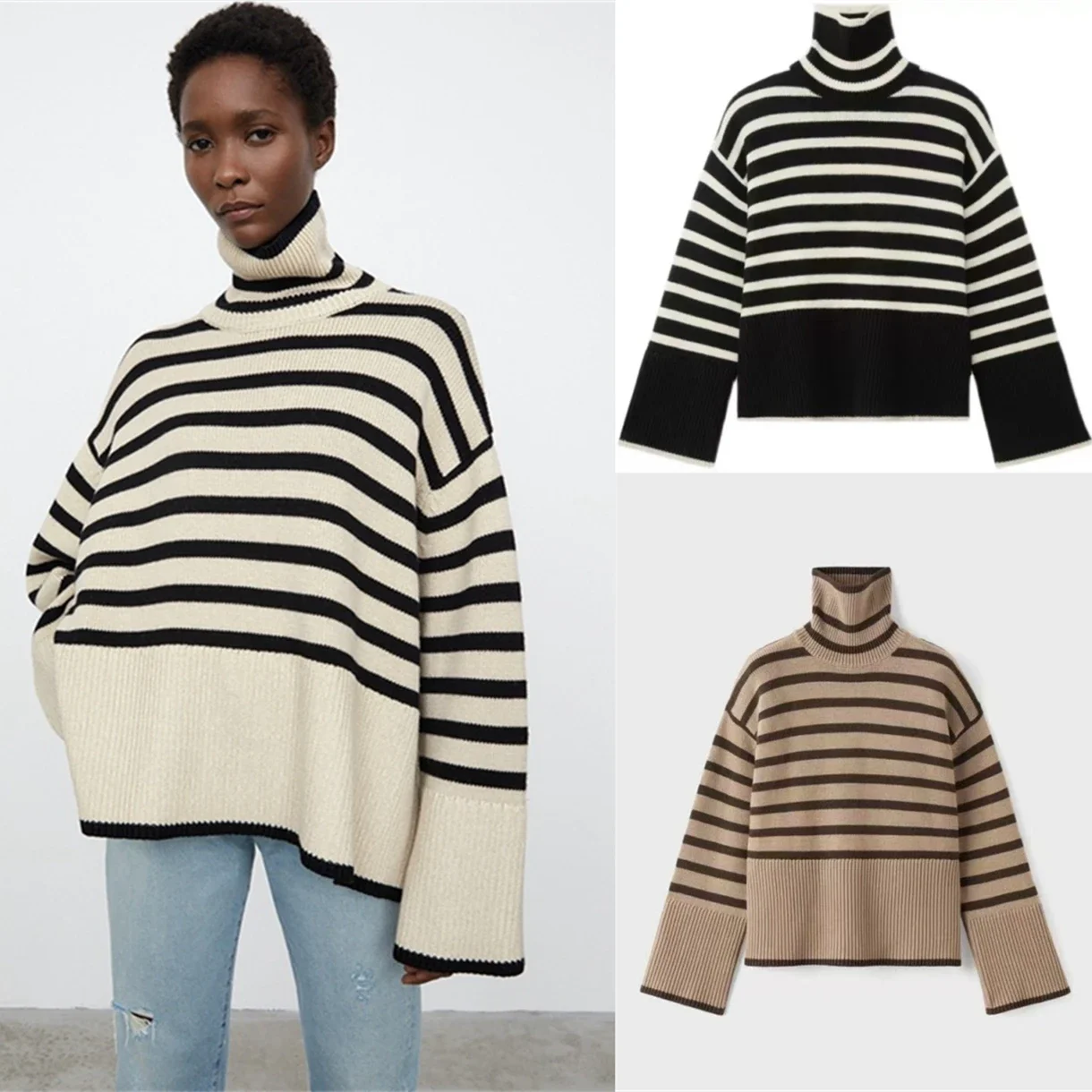 

Fashion Brand Women's Sweater High Neck Wool Classic Stripe Design Splice Knitwear Slouchy Top High Quality Winter Women Sweater