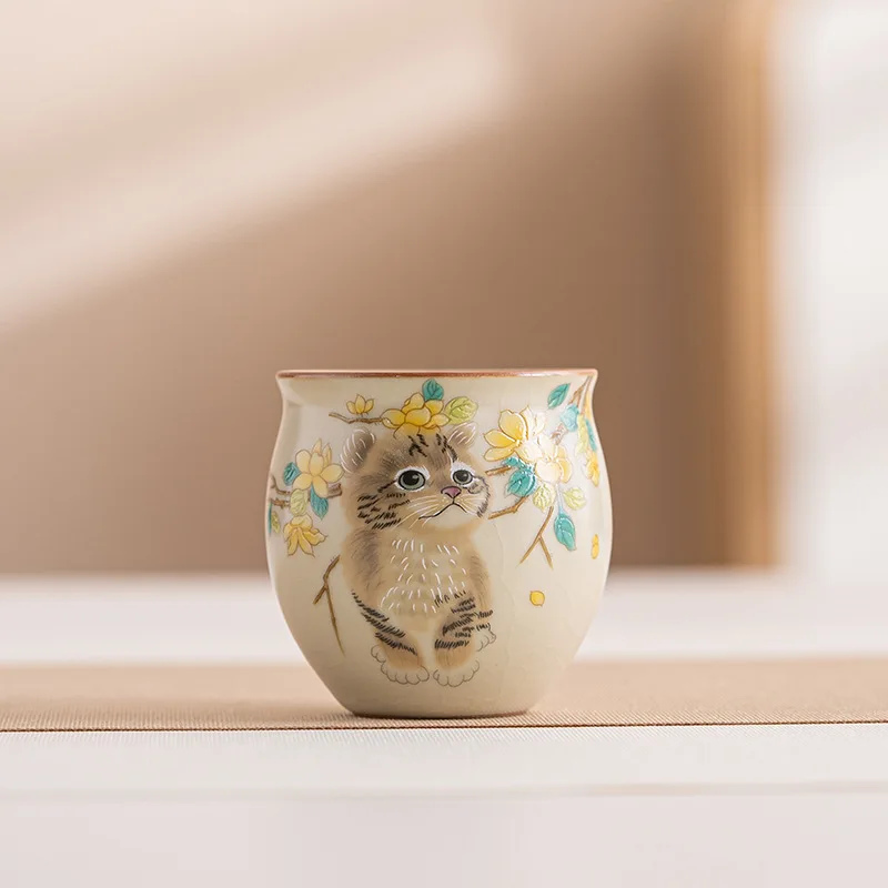 Ru Kiln Cute Cat Teacup Cute Ceramic Tea Cup Chinese Kung Fu Gongfu Tea Set Single Master Cup Chazhan Can Teaware Drinkware