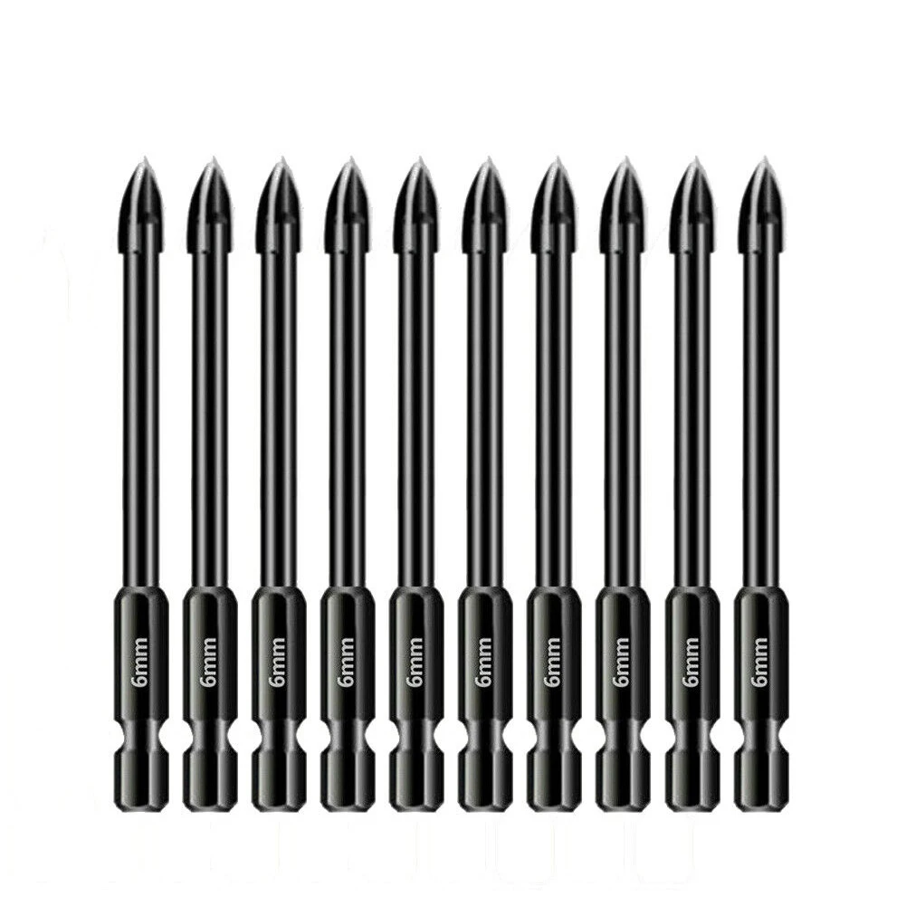 10Pcs 6mm Cross Ceramic Triangular Drill Bit Set Tungsten Carbide Hex Shank 74mm Four-edge For Tile Porcelain Glass Mirror Tool 5pcs set cross hex tile glass ceramic drill bits cemented carbide set efficient universal drilling tool hole opener for wall