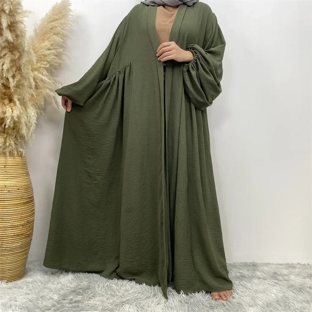 Eid Abaya for Women Muslim Puff Sleeves Kaftan Long Hijab Dress Arab Kimono Cardigan with Pockets Pleated Abayas Dubai Jalabiya