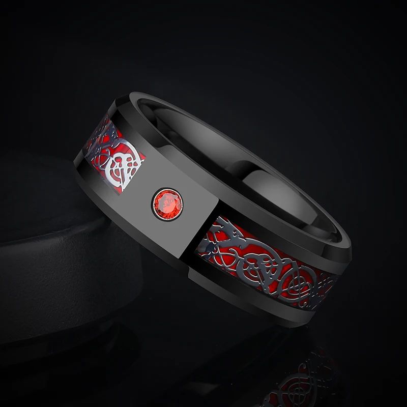 Men's Ring Inlay Blue Red Zircon and Dragon Shape Carbon Fiber,Luxury Tungsten Jewelry,Large Size Rings,Customized,Free Shipping