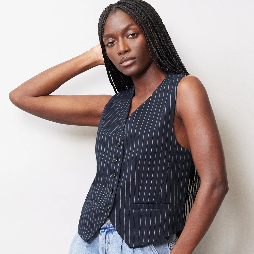 Loose Vests for Women Stripe V-neck Casual Sleeveless Jacket Single Breasted Clothes Coats Jackets Fake Pocket Women's Clothing