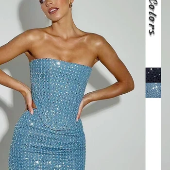 Sexy 2 Piece Mini Skirt Sets Women Denim Sequin Strap Crop Cami Bodycon Skirts Y2k Two Piece Outfit Beach Party Club Wear