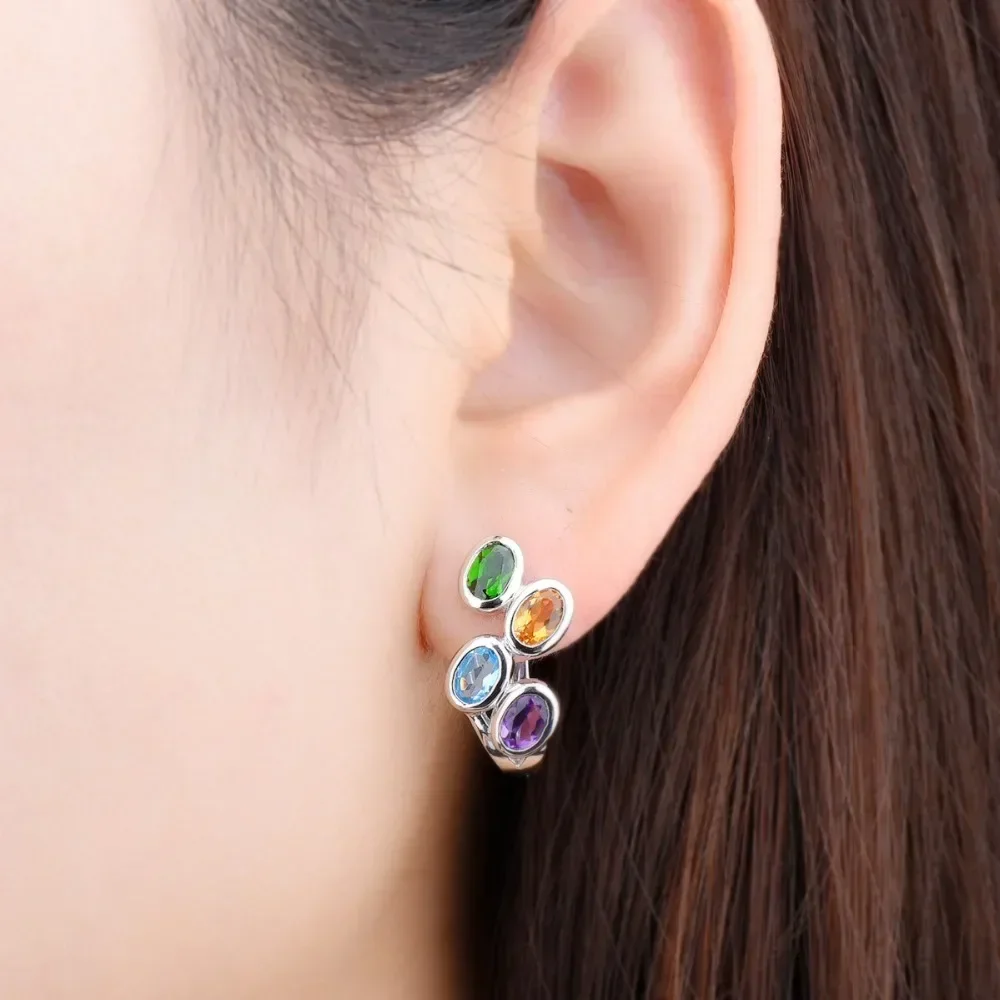 KALETINE Hutang Colorful Gemstone Hoop Earrings 925 Sterling Silver Blue Zircon Topaz English Lock Jewelry for Women Earrings 2