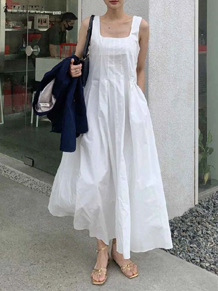 2024-ZANZEA-Summer-Sleeveless-Long-Dress-Elegant-Women-Square-Neck ...