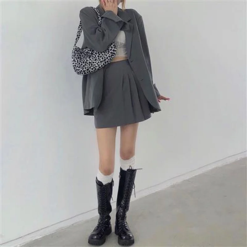 Hemu Korean Style Chic Spring Loose Vintage Blazer Pleated High Waist Skirt  fashion suit single breasted blazer