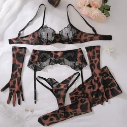 Leopard Print Lace Patchwork Lingerie Set with Gloves and Stockings - M (Lpard - J1)