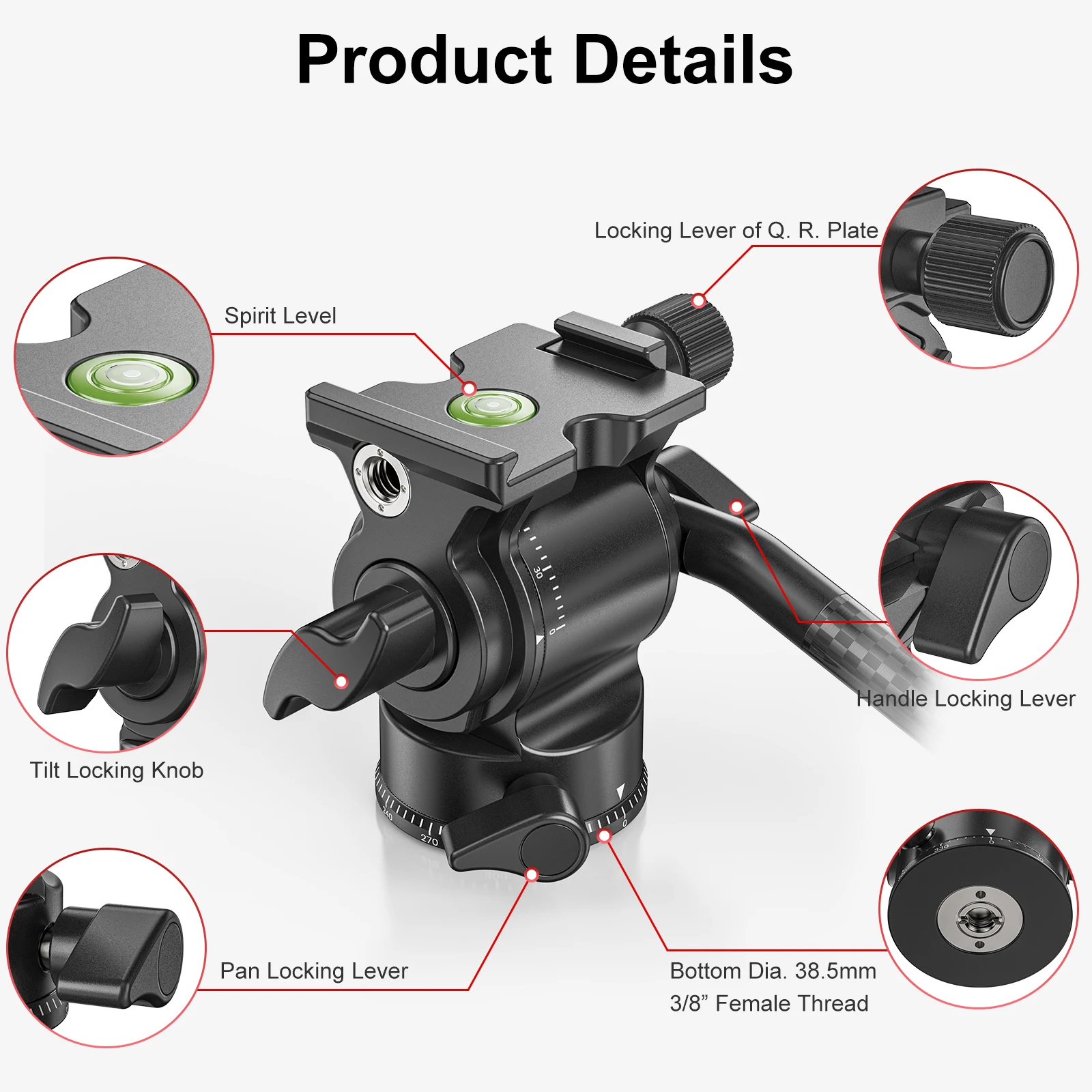EVUMO V1S Mini Video Head Carbon Fiber Handle Hydraulic Tripod Head Arca Swiss Quick Release Plate for DSLR Camera 3kg Max Load