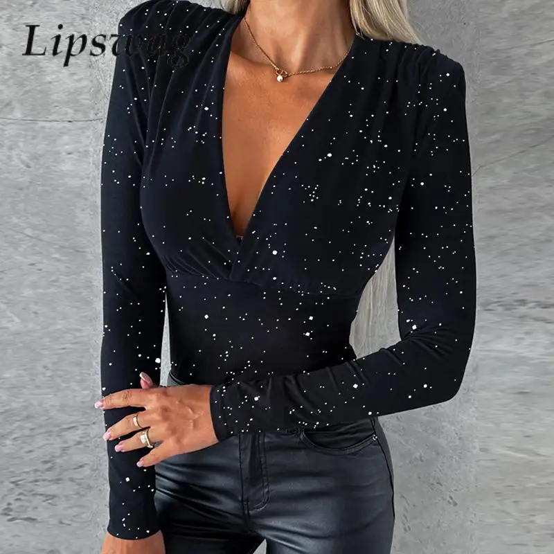 

Sexy Sparkle Glitter Bodycon Shirt Blusa Lady Elegant Deep V Neck Commuting Slim Blouse Fashion Women Long Sleeve Tops Pullovers