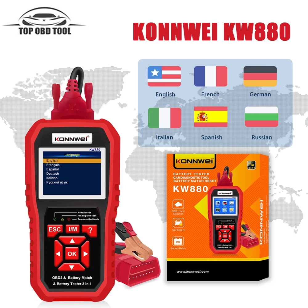 

KONNWEI KW880 OBD2 Auto Battery Tester OBDII Diagnostic Fault Scanner For 6V-12V Car Motorcycle Battery Test KW208/KW650/KW510