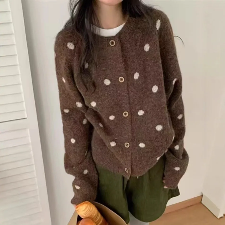 Small Dot Print Knitted Sweater Autumn Spring Long Sleeve Cardigan
