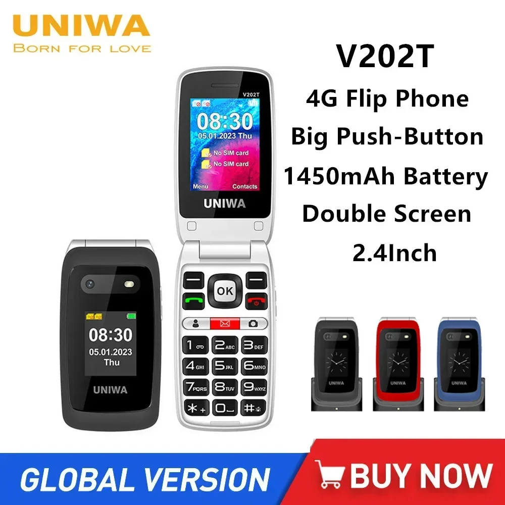 uniwa-v202t-flip-phone-large-buttons-4g-mobile-phone-for-elderly-24inch-dual-screen-1450mah-battery-with-emergency-call-button