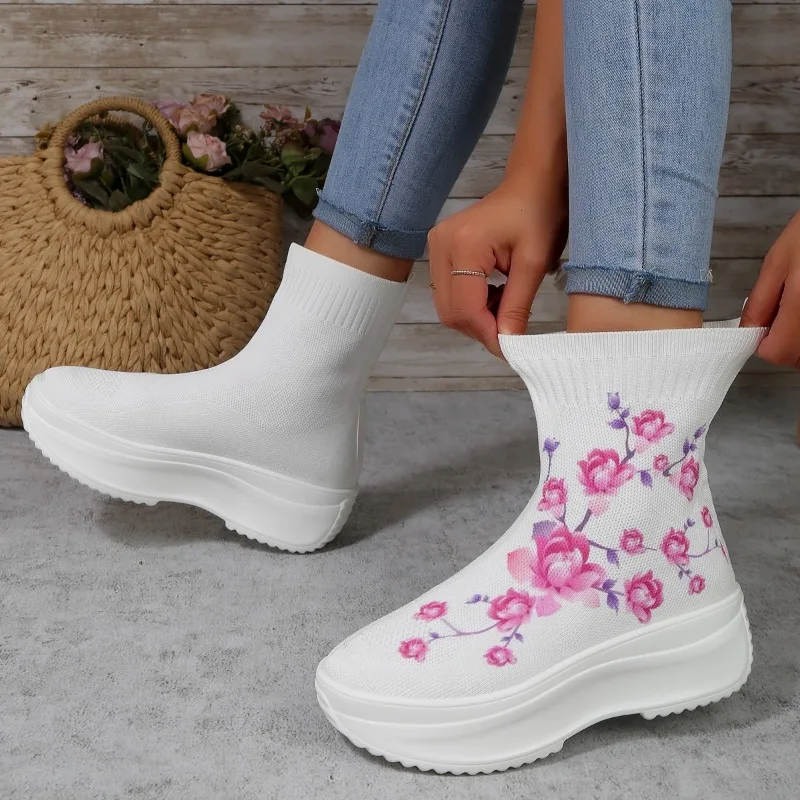 Women's Shoes 2023 High Quality Slip-on Women's Boots Fashion Printing Casual Boots Women New Round Toe Stretch Boots Platform
