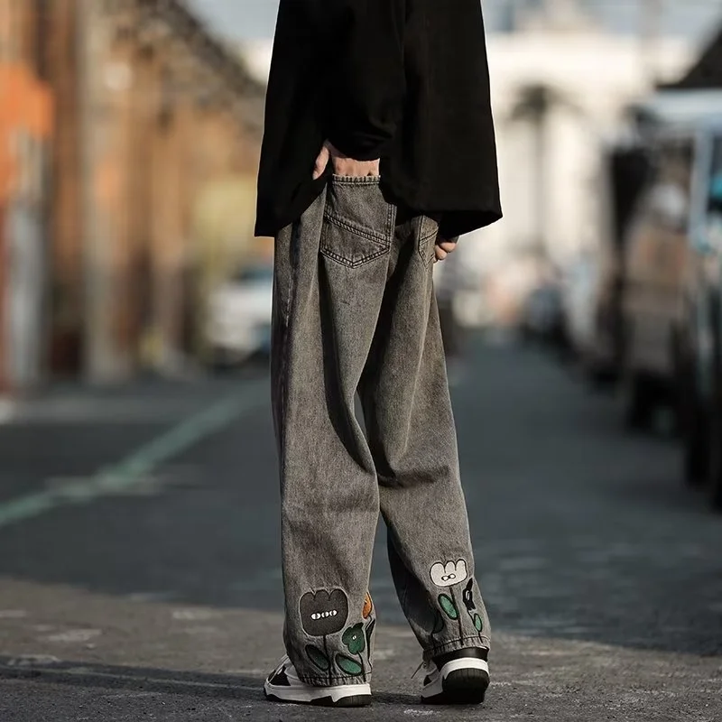 Black gray wide leg jeans men in 2023 new design sense for the niche hanging feeling the old man's pants straight leg pants