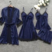 4PCS Sleepwear Pajamas Set Silk Women Nightdress Lace Dress Robe Sleep Nightwear Silk Solid Color Pijama Sets - Image 6