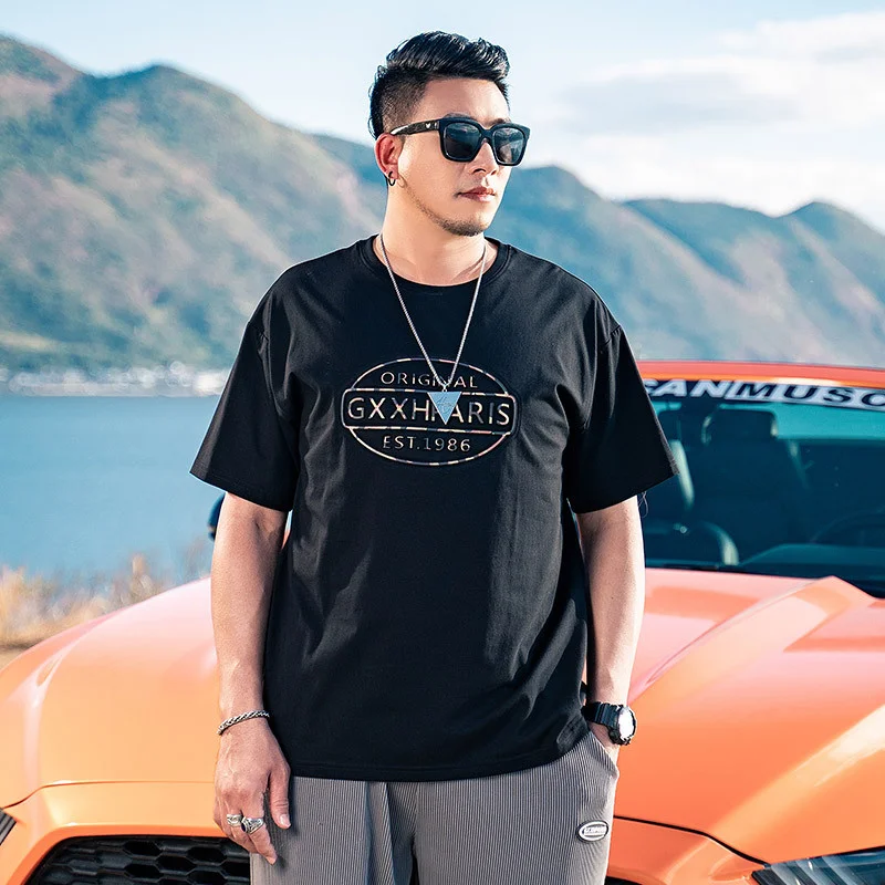 

Large men's fashion brand short sleeve body fattening, loose, casual, personalized embossing and bronzing printed T-shirt