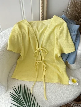 Seersucker V-Neck】New Summer Style Versatile Tie-Front Short-Sleeve Top for Hot Girls. Summer Butter Yellow Minimalist Style Textured Front-Tie Yellow Woven Shirt for Women 1