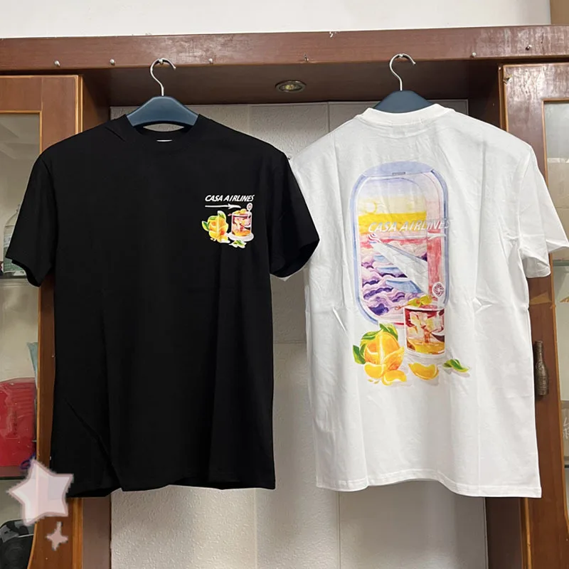 

Casablanca Daily Casual T-shirts for Men and Women Aircraft Dessert Print Letter Logo Couple Round Neck Cotton Short Sleeves