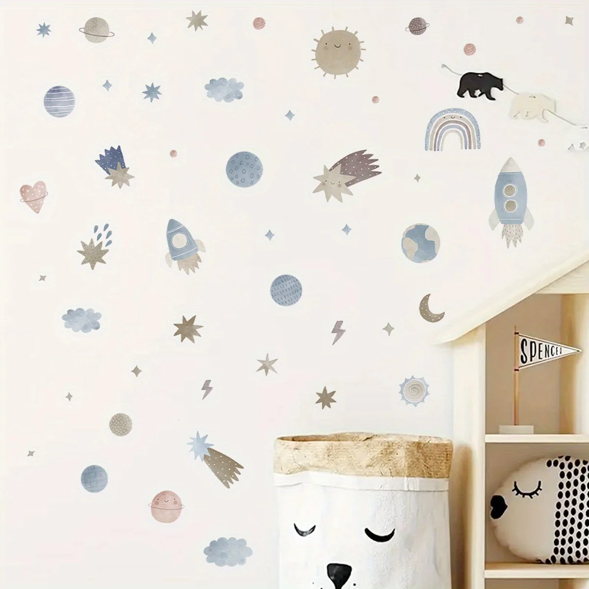 Cartoon Color Rocket Planet Meteor Moon Space Theme Luminous Wall Stickers Vinyl Decal Stickers for Bedroom Living Room Nursery Decoration