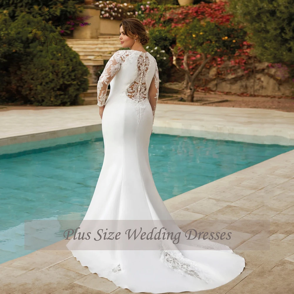 Classic Mermaid Wedding Dresses Plus Size V Neck Long Illusion Sleeves Bride Gowns Appliques Floor Length Robe De Mariee 2024 2
