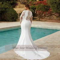 Classic Mermaid Wedding Dresses Plus Size V Neck Long Illusion Sleeves Bride Gowns Appliques Floor Length Robe De Mariee 2024 2