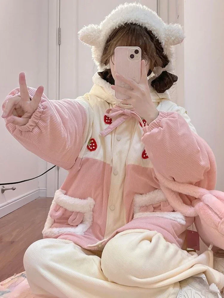 Pink Kawaii Lolita Hooded Jackets Women Pockets Loose Sweet Chic Wool Coat Female Long Sleeve Japanese Cute Overcoat Winter 2024