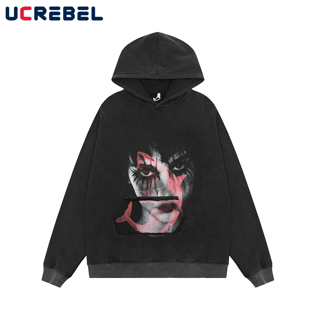 

Hip Hop Portrait Print Hooded Sweatshirts Mens Autumn Casual Long Sleeve Washed Hoodies Men Loose Clothes