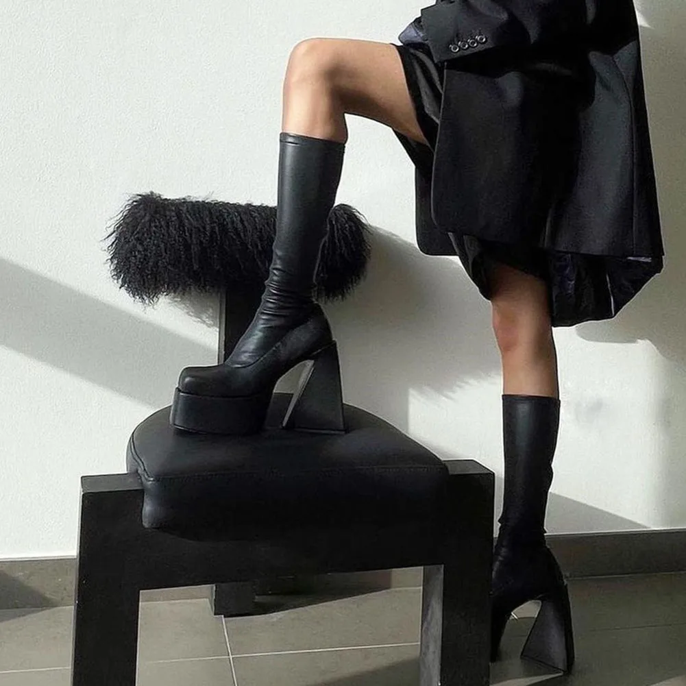 Winter Women High Heeled Boots Mid Calf Platform Shoes Chunky Non Slip platform boots,women boots