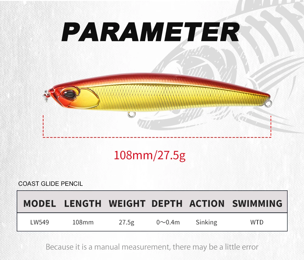 Hunthouse Shore Glide Sinking Pencil Angelköder 108 mm 27,5 g Stickbait WTD Harter Köder Wobbler Fischgerät für Bass LW549 – Detail 2