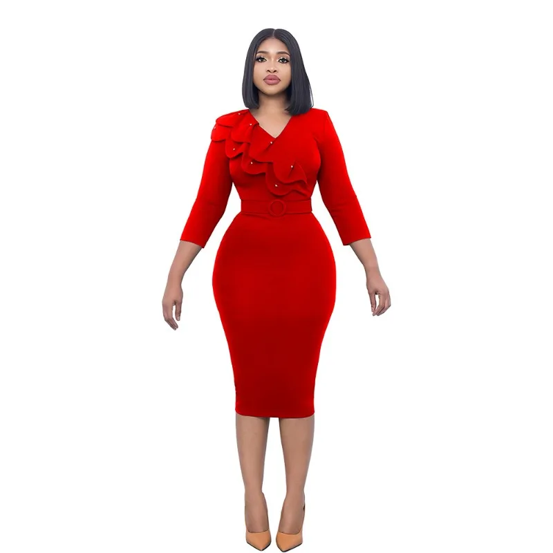 Polyester African Dresses for Women Elegant Autumn African 3/4 Sleeve V-neck Red Green Yellow Black Bodycon Dress With Belt