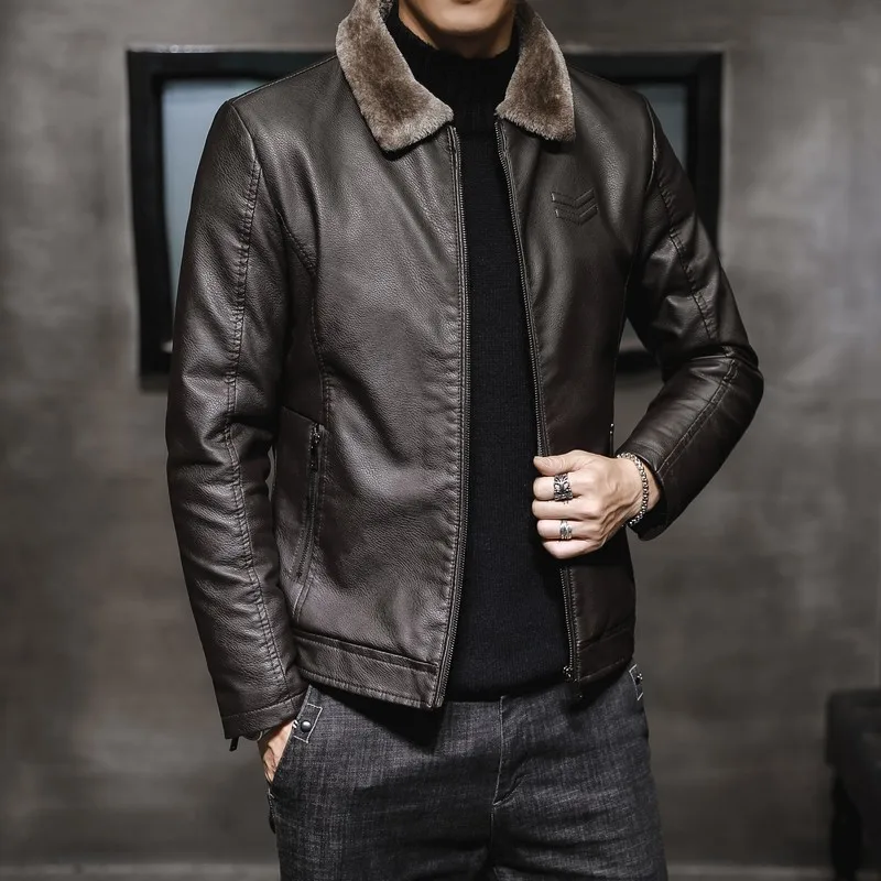 2024 New Men Leather Jacket with Flip Collar for Middle Aged Elderly Men Clothing Plush Thick Trendy Fur Leather Jacket for Men
